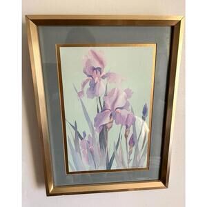 Vintage 1980s Iris Watercolor Print Marjorie Renfroe Brass Frame Floral Art